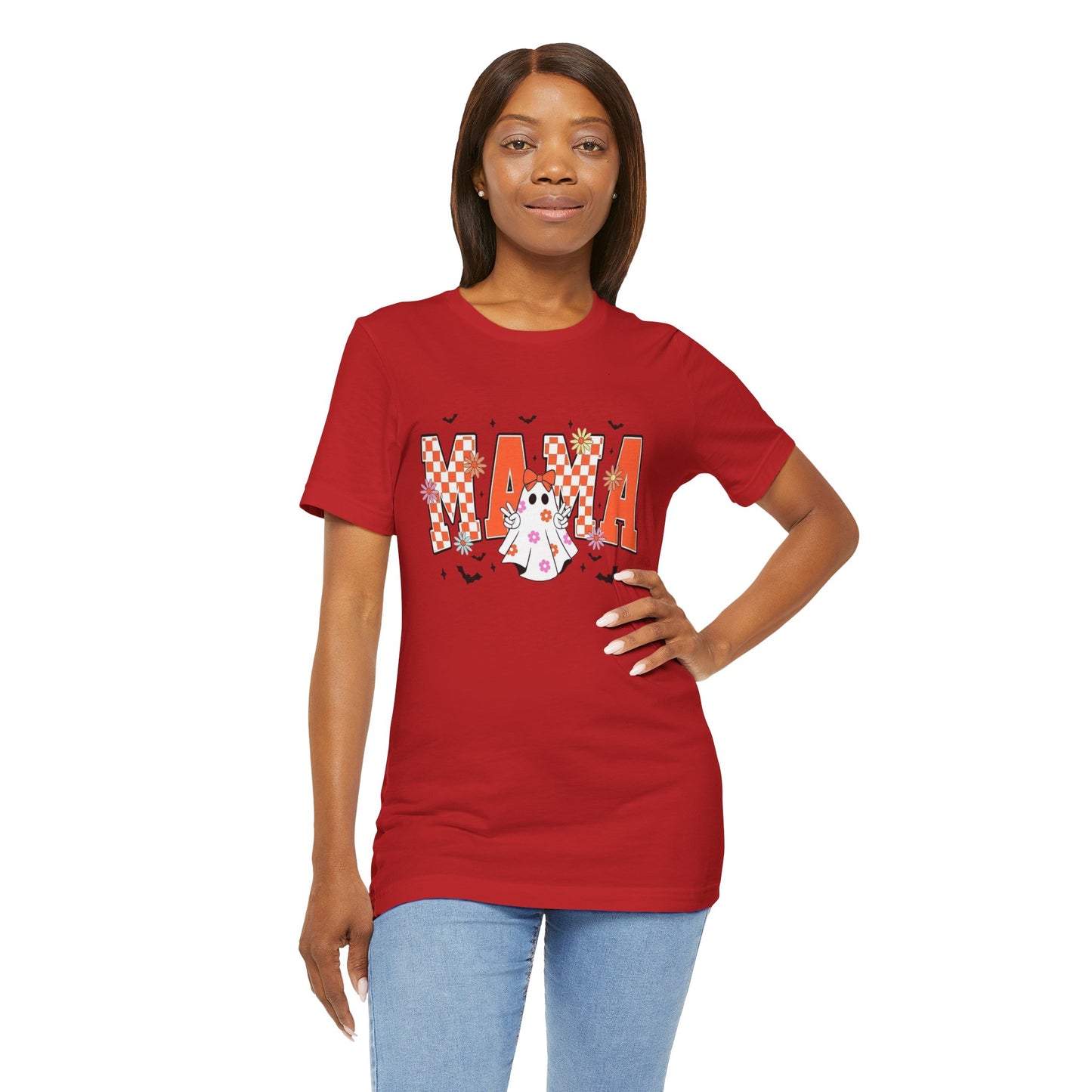 Mama Halloween T-Shirt — Cute Ghost & Checkerboard Lettering