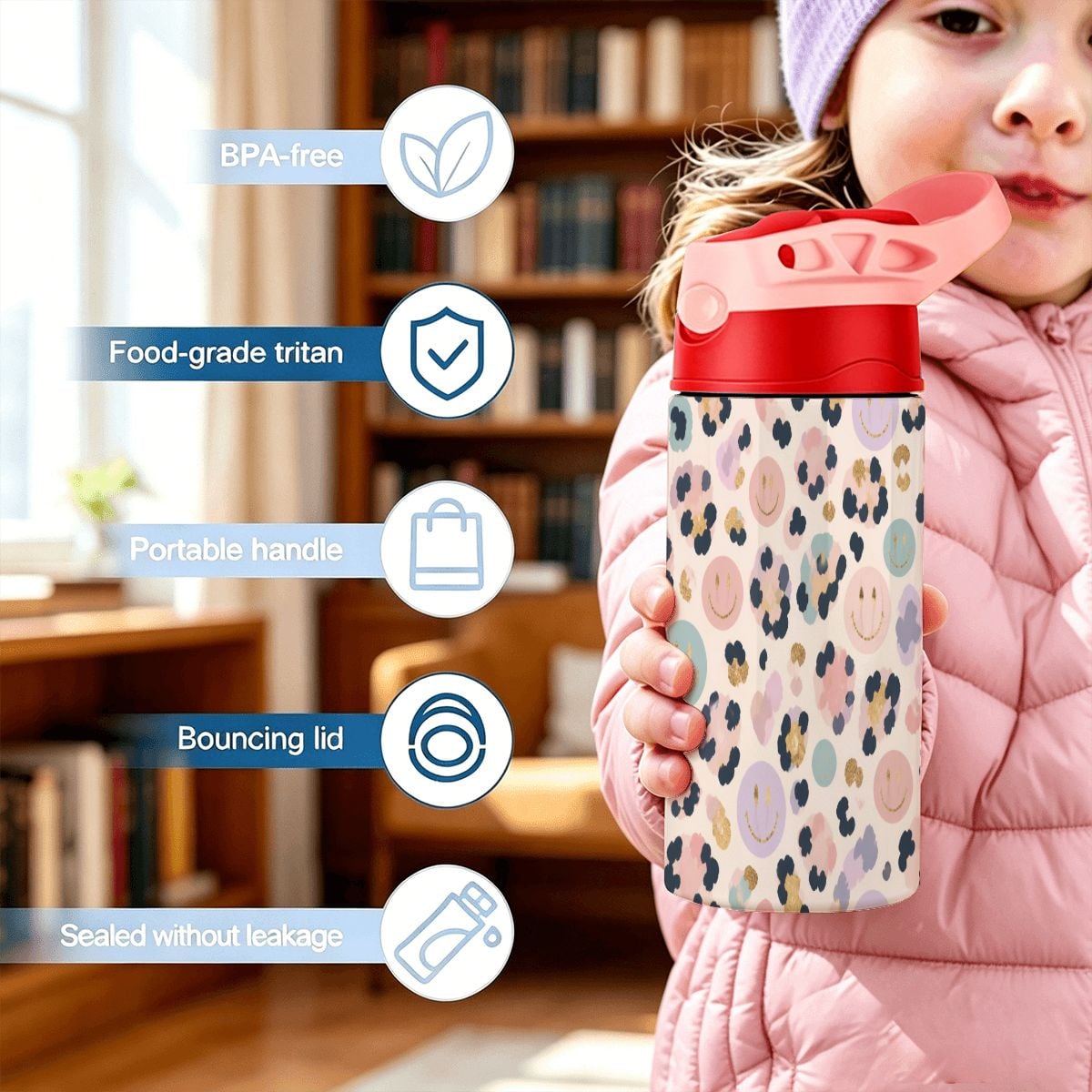Cheetah Smiley Kids Water Bottle