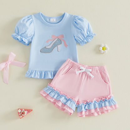Toddler Baby Girl Summer Outfit Set | Princess Carriage & High Heel Shoe Embroidery Top with Ruffle Shorts | 2 Piece Boutique Set