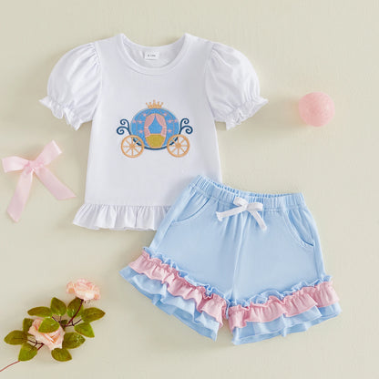Toddler Baby Girl Summer Outfit Set | Princess Carriage & High Heel Shoe Embroidery Top with Ruffle Shorts | 2 Piece Boutique Set