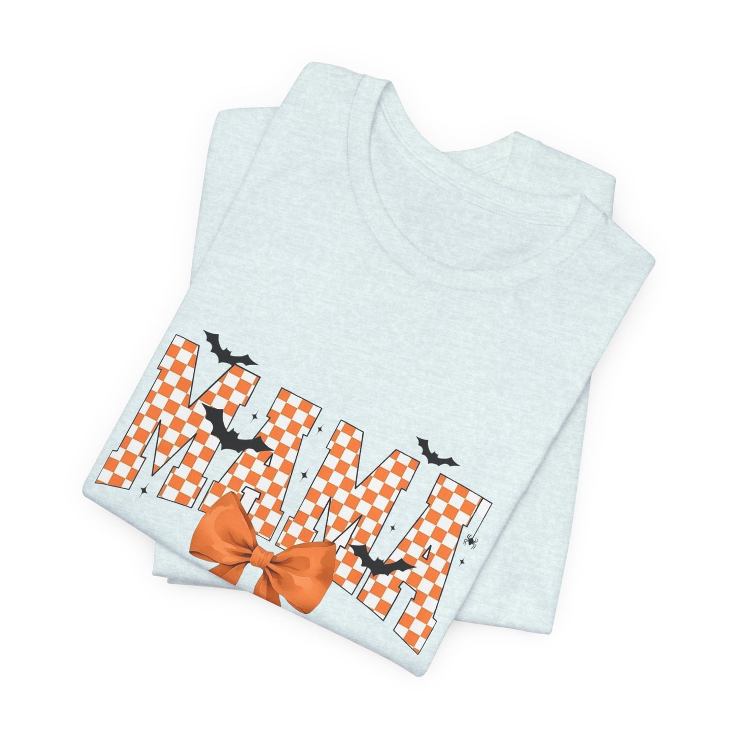 Mami Halloween Tee — Orange Checker 'MAMI' with Bow & Bats