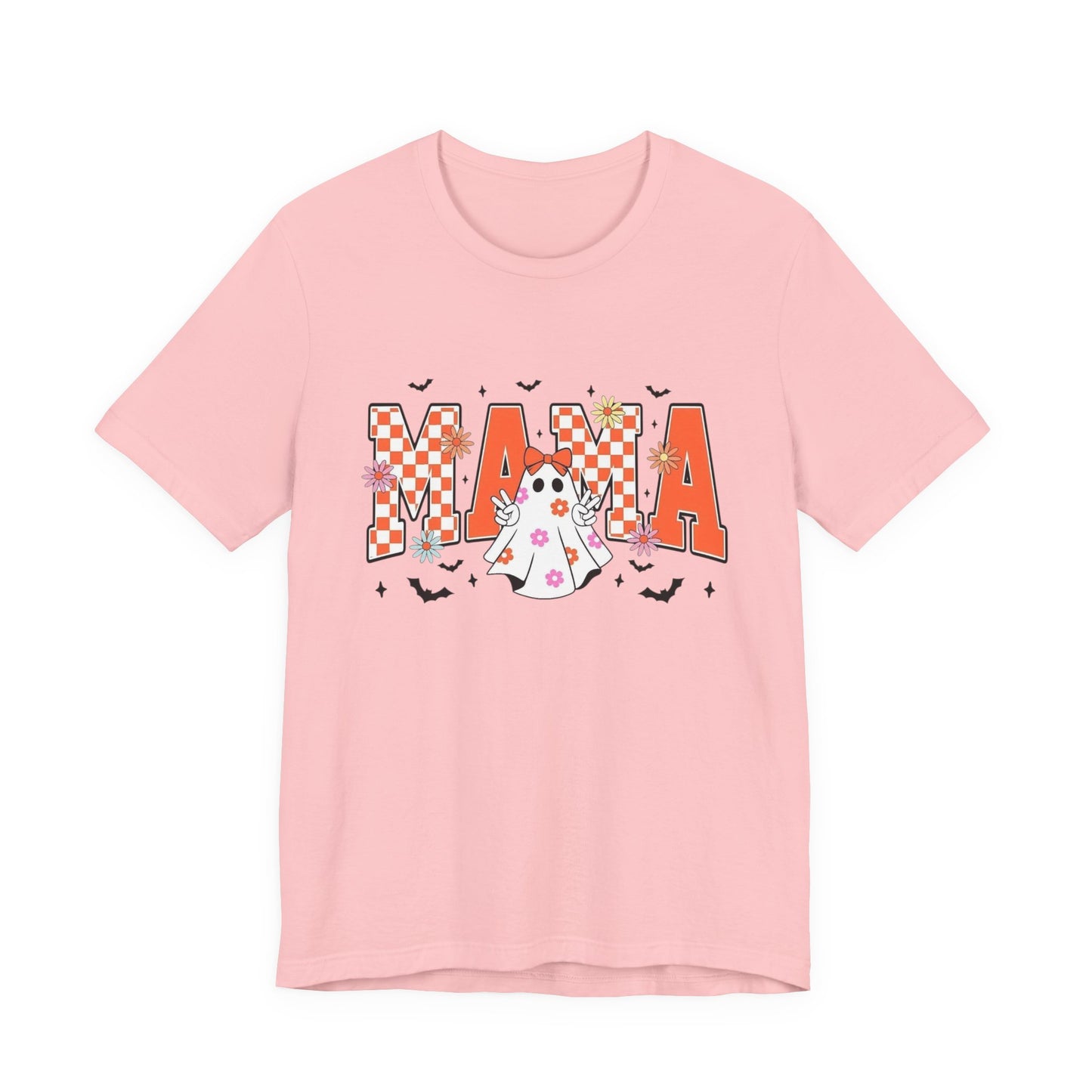 Mama Halloween T-Shirt — Cute Ghost & Checkerboard Lettering