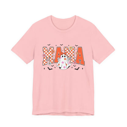 Mama Halloween T-Shirt — Cute Ghost & Checkerboard Lettering