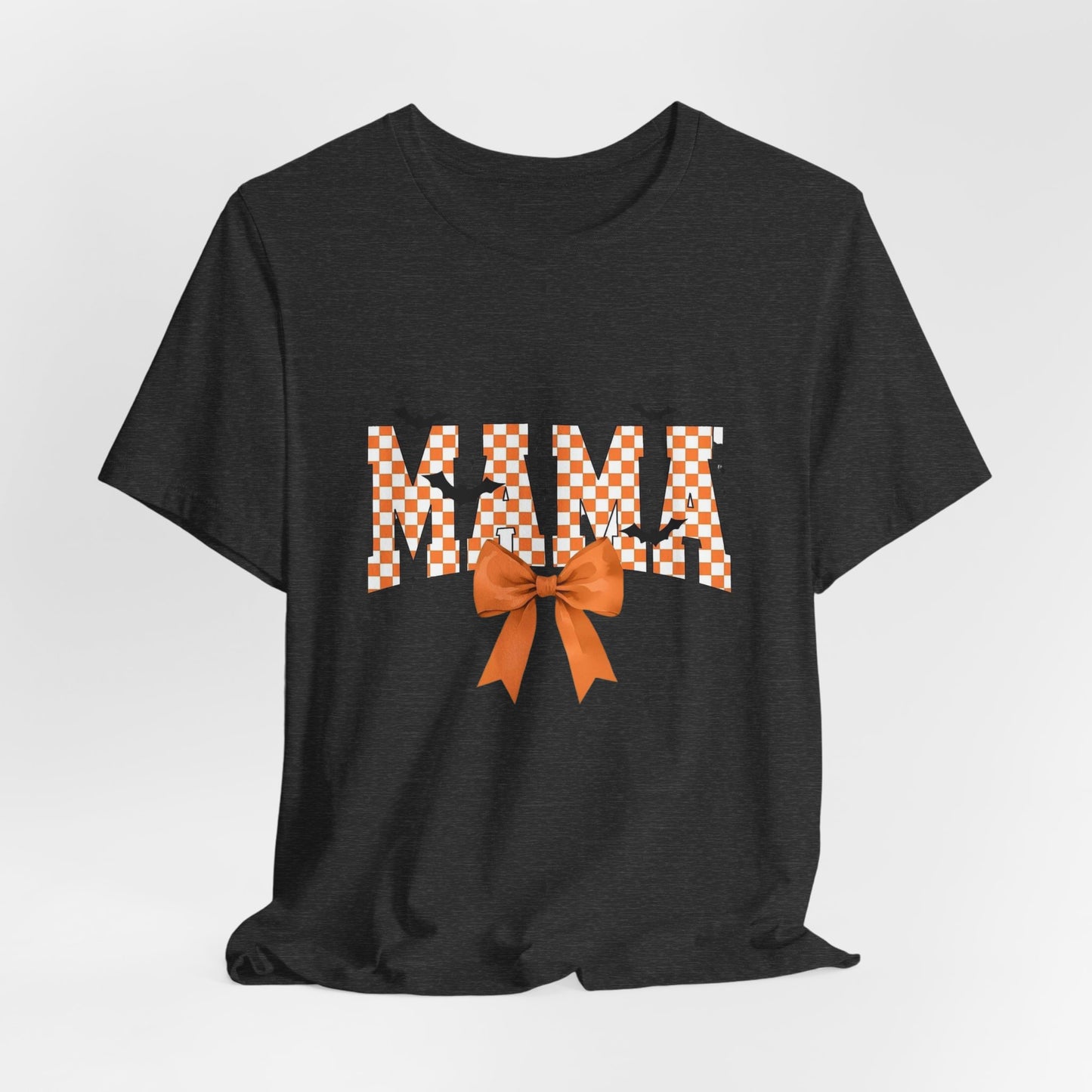 Mami Halloween Tee — Orange Checker 'MAMI' with Bow & Bats