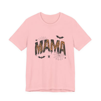 Mama Halloween Tee — Leopard Drip "MAMA" with Bats & Spiders Halloween Shirt