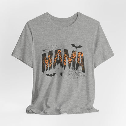 Mama Halloween Tee — Leopard Drip "MAMA" with Bats & Spiders Halloween Shirt