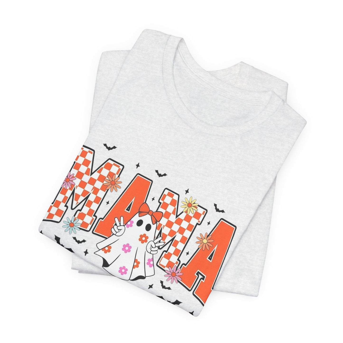 Mama Halloween T-Shirt — Cute Ghost & Checkerboard Lettering