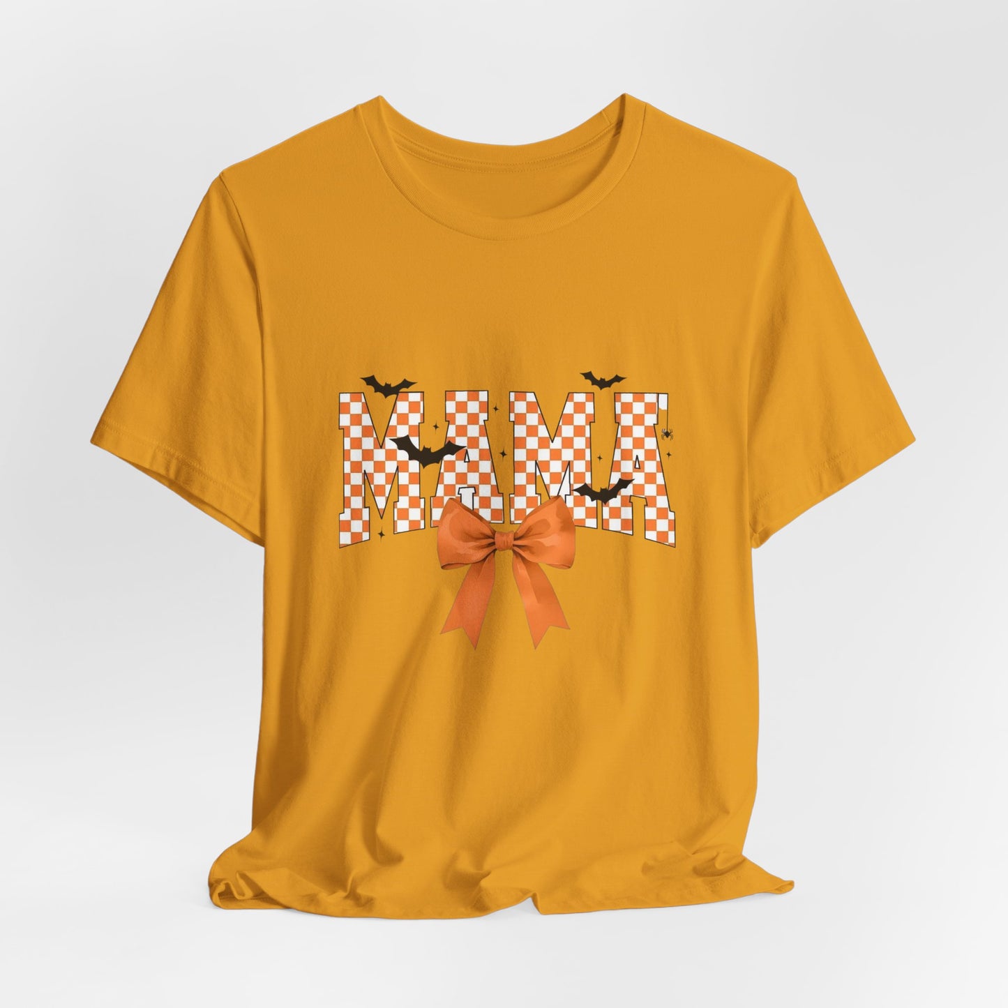 Mami Halloween Tee — Orange Checker 'MAMI' with Bow & Bats
