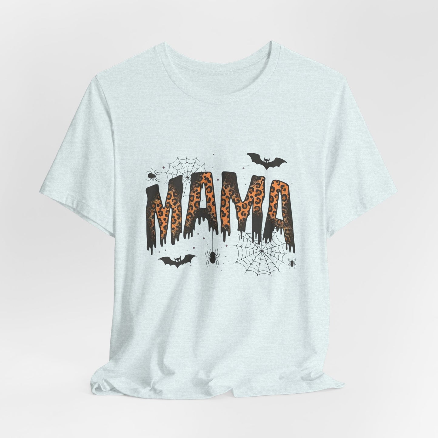 Mama Halloween Tee — Leopard Drip "MAMA" with Bats & Spiders Halloween Shirt