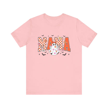 Mama Halloween T-Shirt — Cute Ghost & Checkerboard Lettering