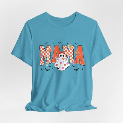 Mama Halloween T-Shirt — Cute Ghost & Checkerboard Lettering