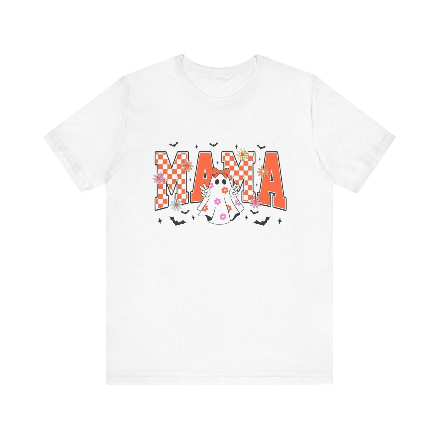Mama Halloween T-Shirt — Cute Ghost & Checkerboard Lettering