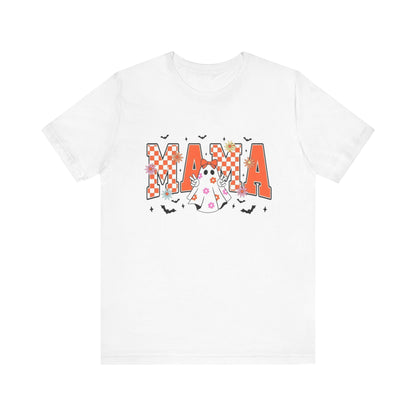Mama Halloween T-Shirt — Cute Ghost & Checkerboard Lettering