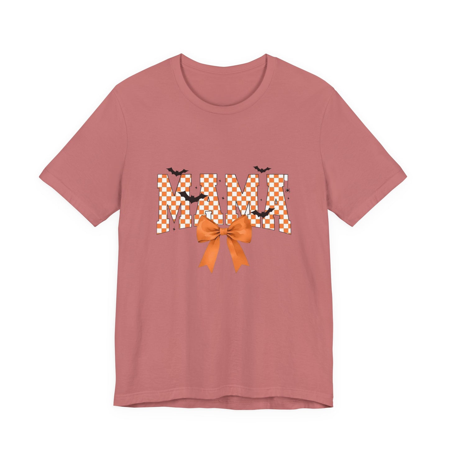 Mami Halloween Tee — Orange Checker 'MAMI' with Bow & Bats