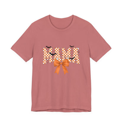 Mami Halloween Tee — Orange Checker 'MAMI' with Bow & Bats
