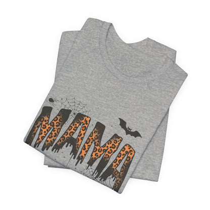 Mama Halloween Tee — Leopard Drip "MAMA" with Bats & Spiders Halloween Shirt