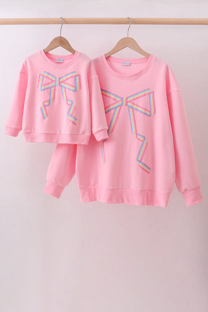 Pink Hand-Sewn Bow Mommy & Me Matching Sweatshirts Set } Mother Daughter Cozy Outfit