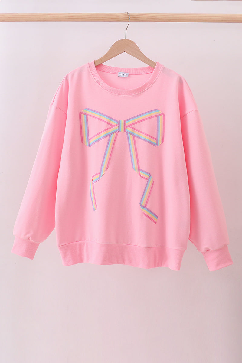 Pink Hand-Sewn Bow Mommy & Me Matching Sweatshirts Set } Mother Daughter Cozy Outfit