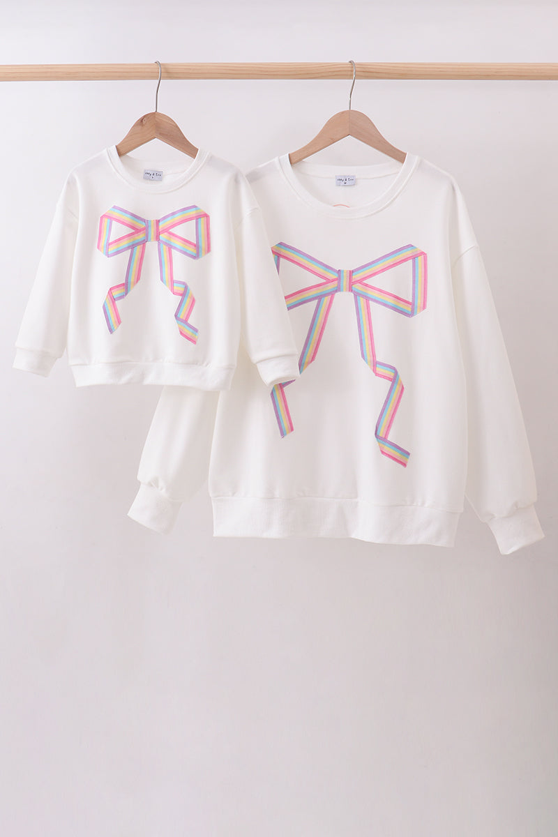 Cream Hand-Sewn Bow Mommy & Me Matching Sweatshirt Set | Neutral Mother Daughter Outfit