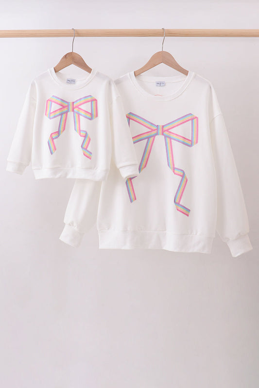 Cream Hand-Sewn Bow Mommy & Me Matching Sweatshirt Set | Neutral Mother Daughter Outfit