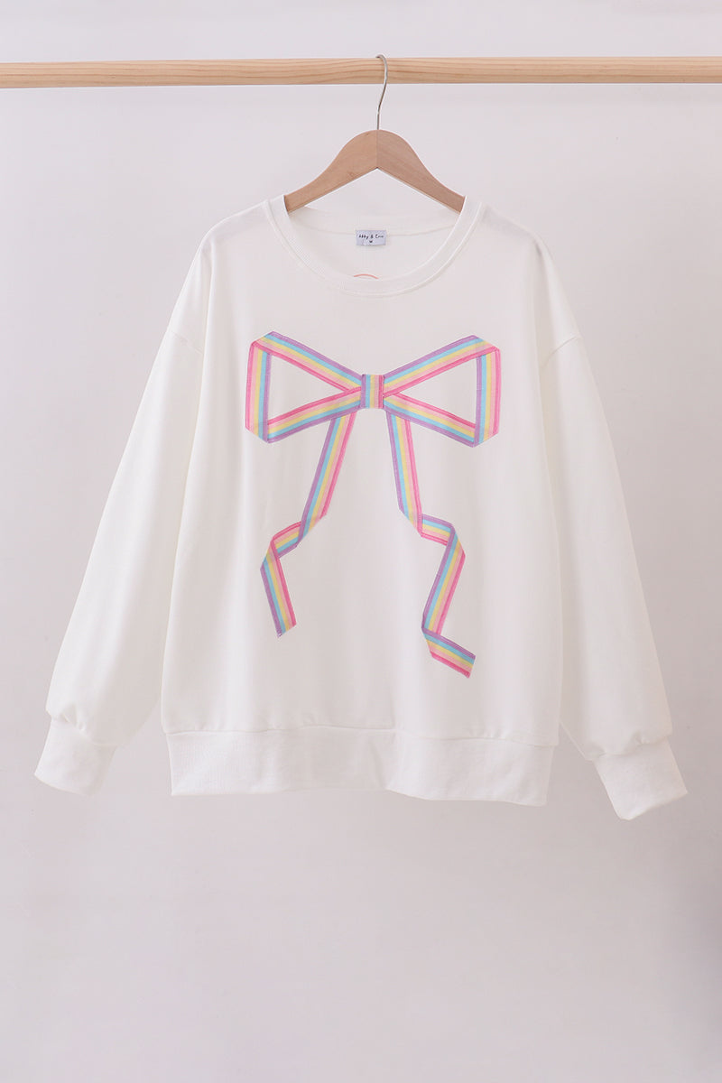 Cream Hand-Sewn Bow Mommy & Me Matching Sweatshirt Set | Neutral Mother Daughter Outfit