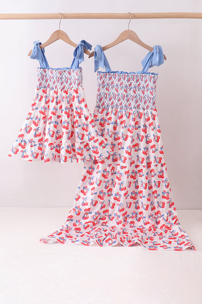 Blue Cherry Smocked Tiered Mommy & Me Matching Dress Set } Women & Girls Summer Outfits