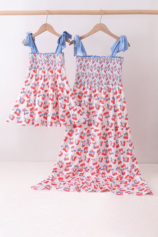 Blue Cherry Smocked Tiered Mommy & Me Matching Dress Set } Women & Girls Summer Outfits