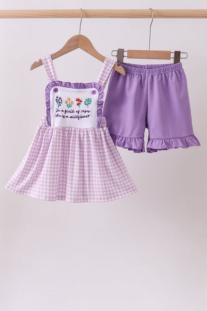 Purple Floral Embroidery Gingham Ruffle Shorts Set | Baby Girl Boutique Outfit | Embroidered Ruffle Top & Shorts Set