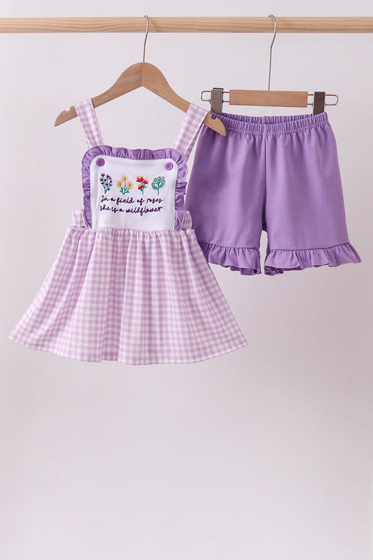 Purple Floral Embroidery Gingham Ruffle Shorts Set | Baby Girl Boutique Outfit | Embroidered Ruffle Top & Shorts Set