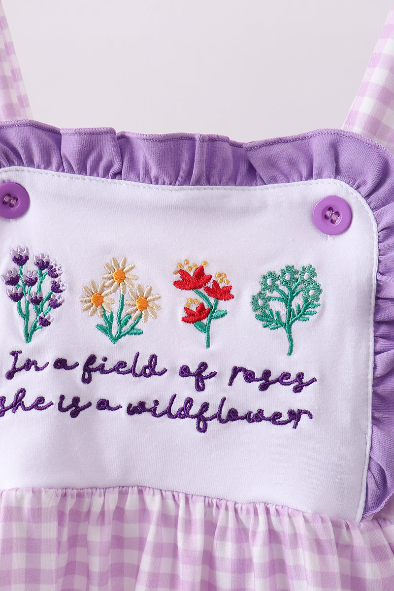Purple Floral Embroidery Gingham Ruffle Shorts Set | Baby Girl Boutique Outfit | Embroidered Ruffle Top & Shorts Set