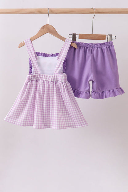 Purple Floral Embroidery Gingham Ruffle Shorts Set | Baby Girl Boutique Outfit | Embroidered Ruffle Top & Shorts Set