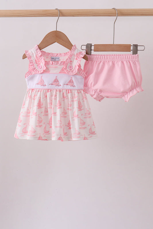 Sailor Dreams Sailboat Pink Smocked Bloomer Set