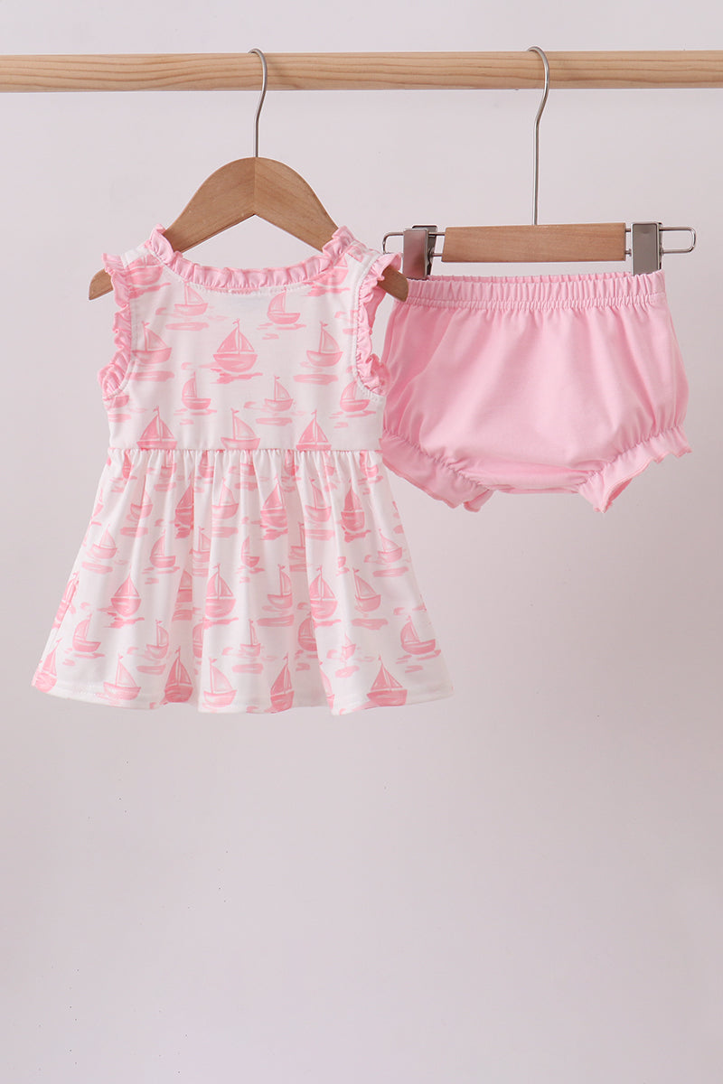 Sailor Dreams Sailboat Pink Smocked Bloomer Set