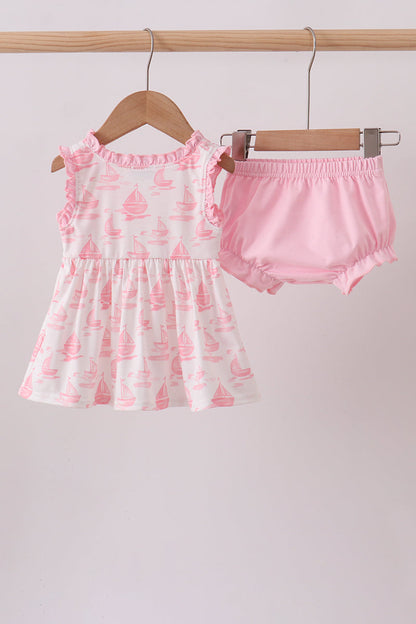 Sailor Dreams Sailboat Pink Smocked Bloomer Set