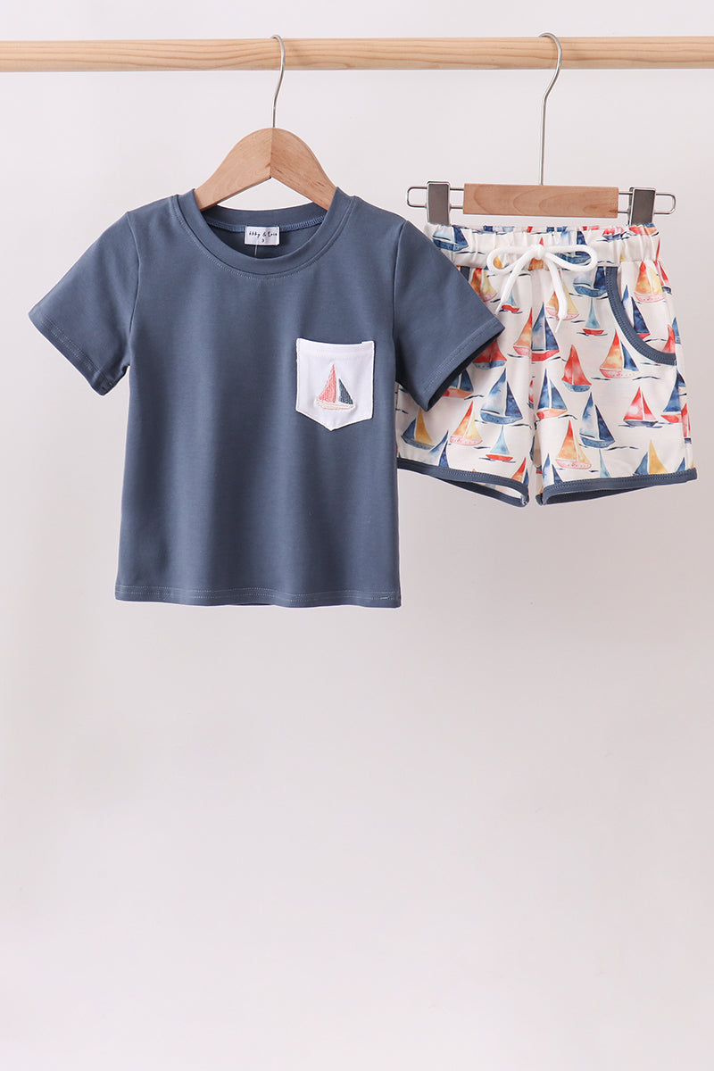 Sailors Dreams Dark Blue Sailboat Short Set