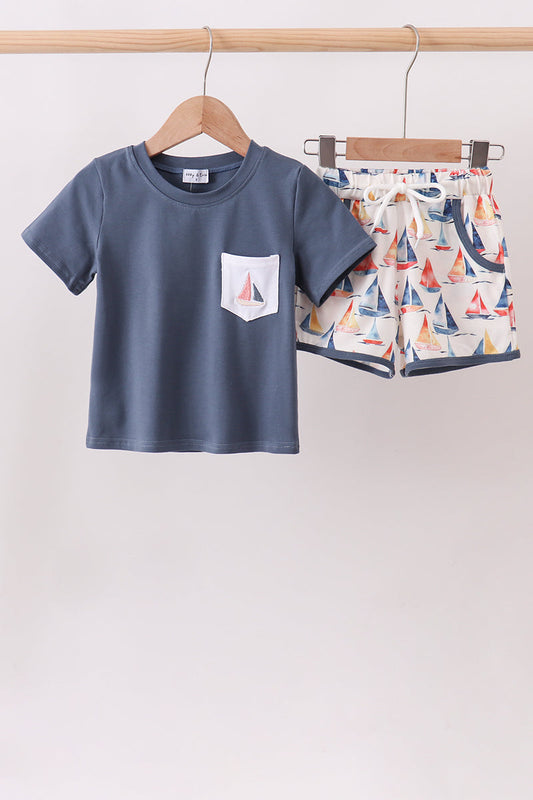 Sailors Dreams Dark Blue Sailboat Short Set