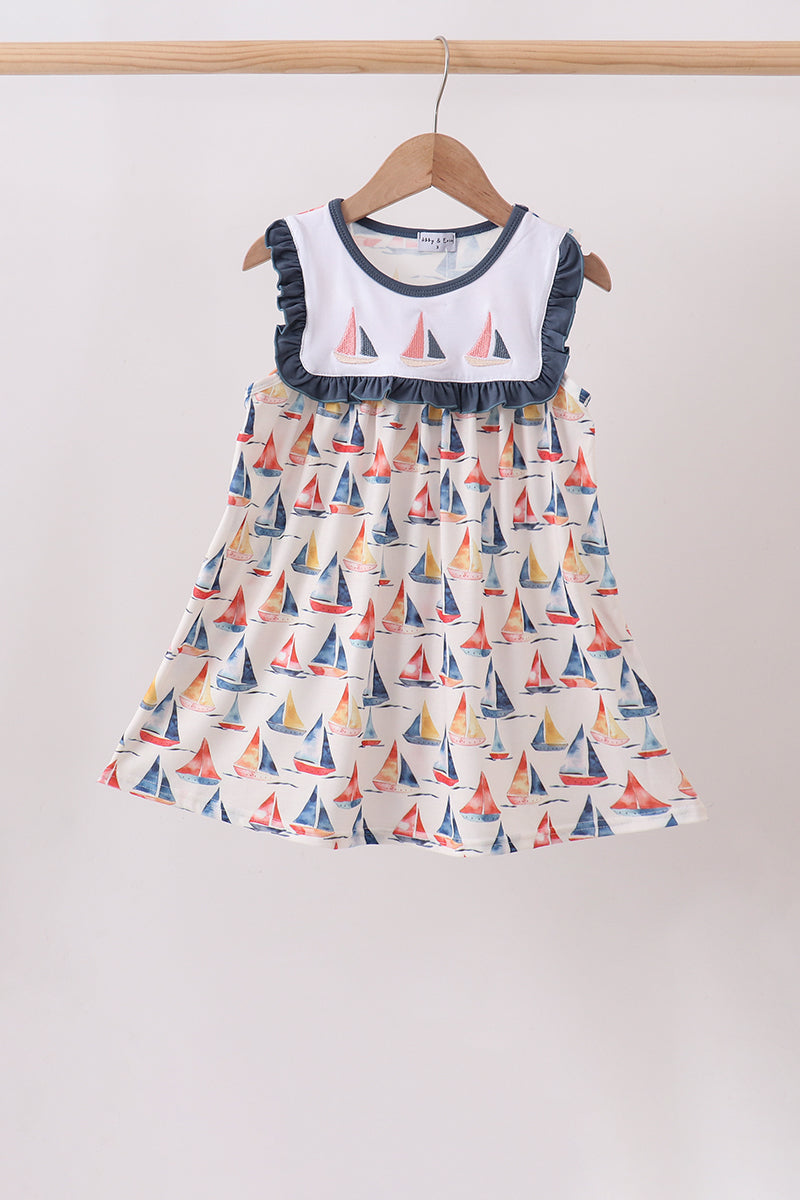 Sailors Dreams Sailboat Embordered Dark Blue Dress