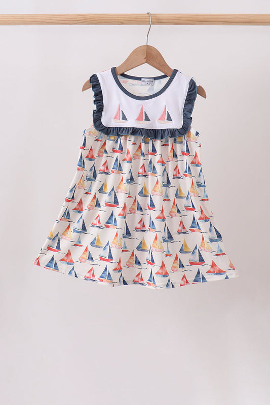 Sailors Dreams Sailboat Embordered Dark Blue Dress