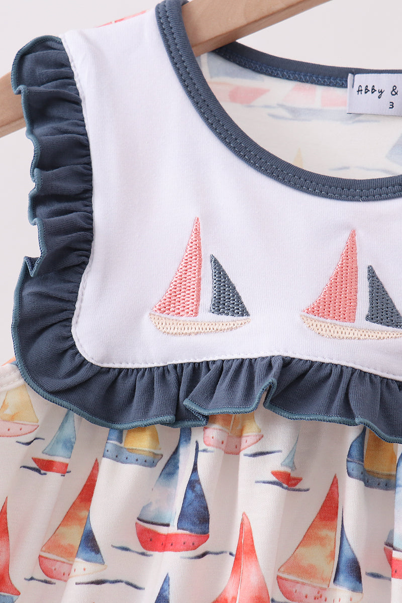 Sailors Dreams Sailboat Embordered Dark Blue Dress