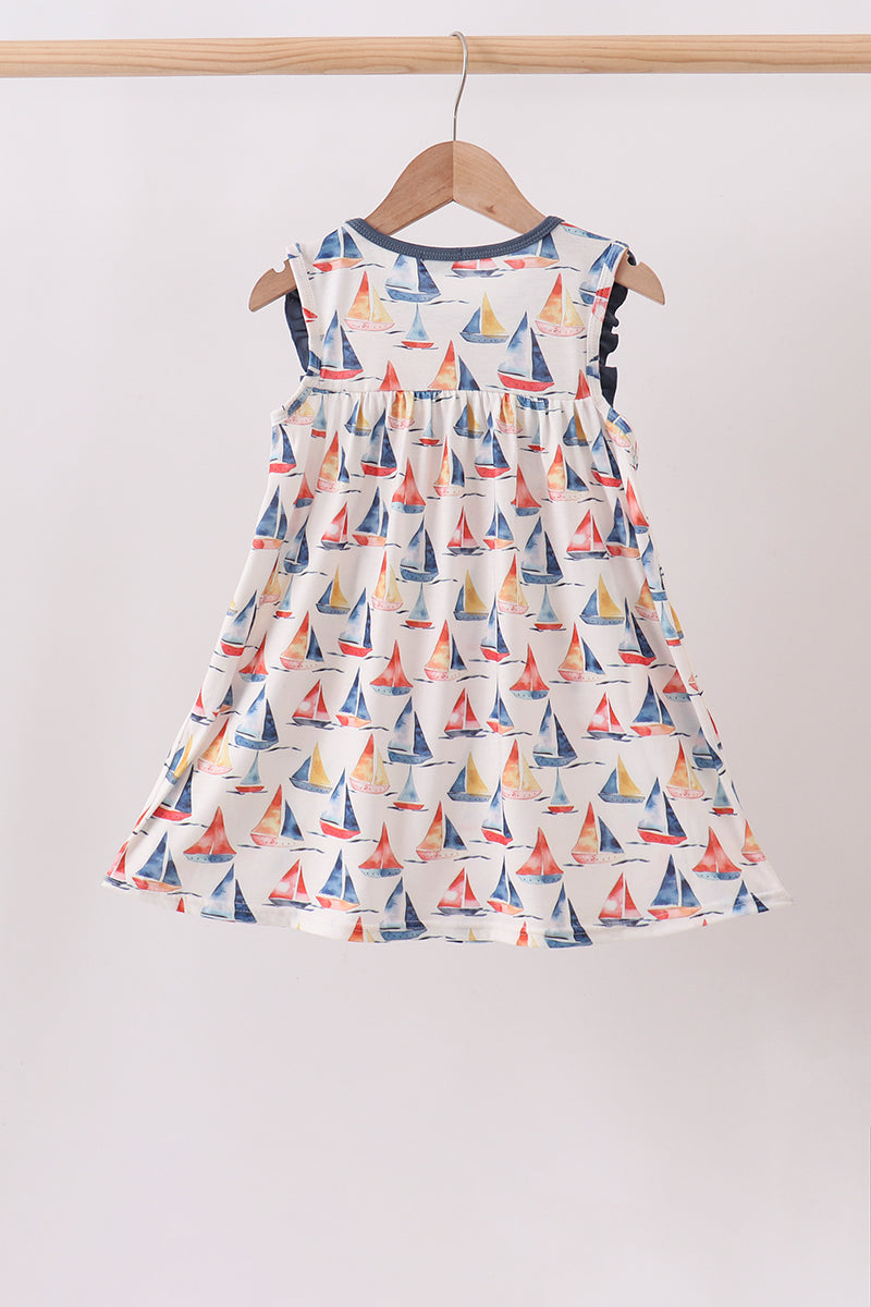 Sailors Dreams Sailboat Embordered Dark Blue Dress