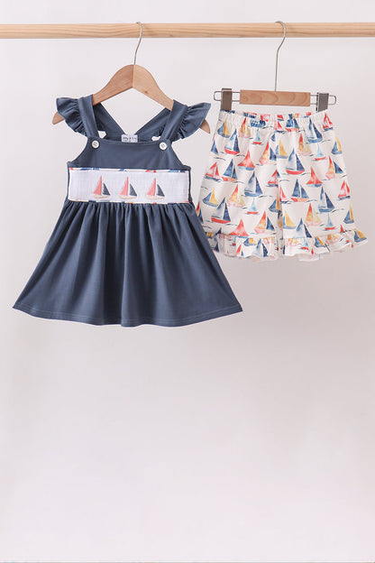 Sailors Dreams Sailboat Smocked Ruffle Dark Blue Short Set