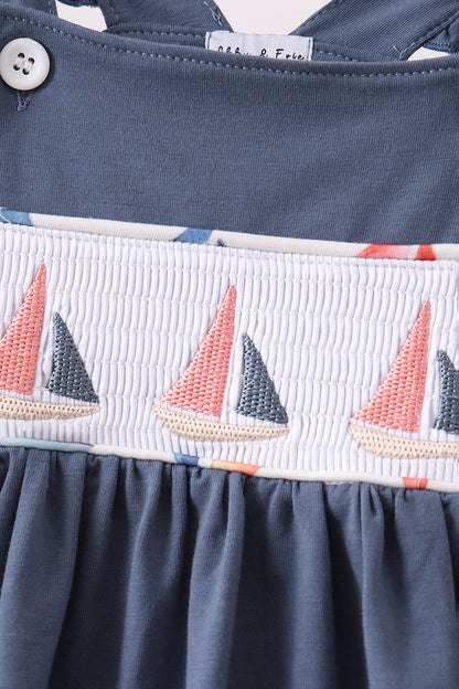 Sailors Dreams Sailboat Smocked Ruffle Dark Blue Short Set