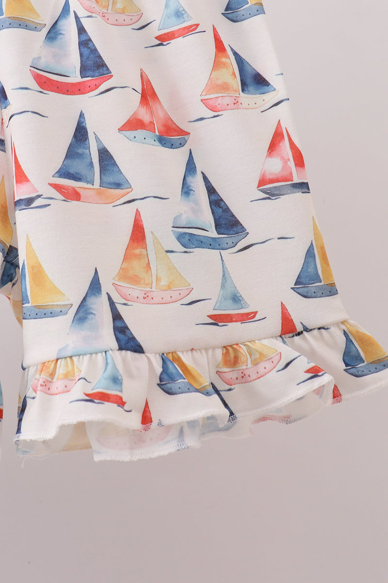 Sailors Dreams Sailboat Smocked Ruffle Dark Blue Short Set