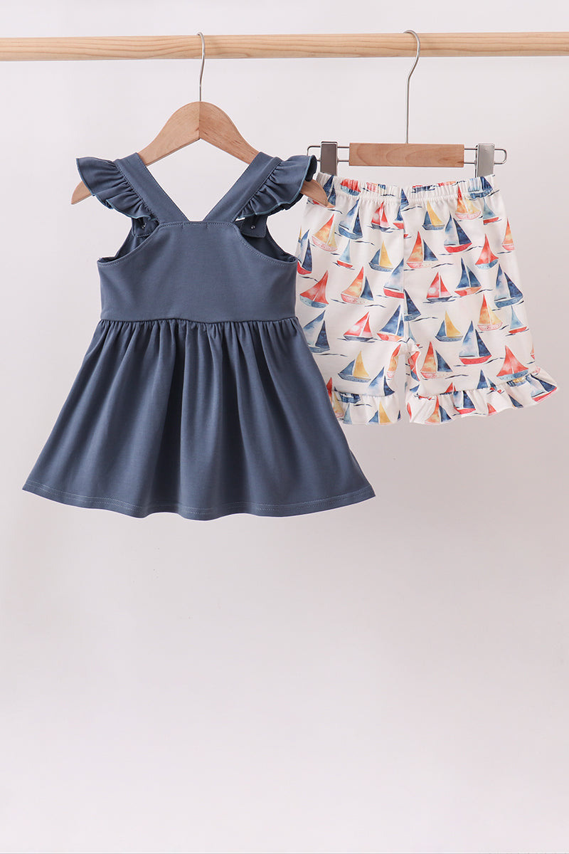 Sailors Dreams Sailboat Smocked Ruffle Dark Blue Short Set