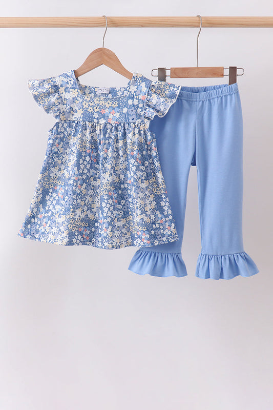 Blue Floral Print Ruffle Pants Set | Girls Spring Summer Boutique Two Piece Outfit