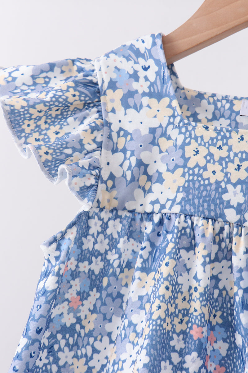 Blue Floral Print Ruffle Pants Set | Girls Spring Summer Boutique Two Piece Outfit