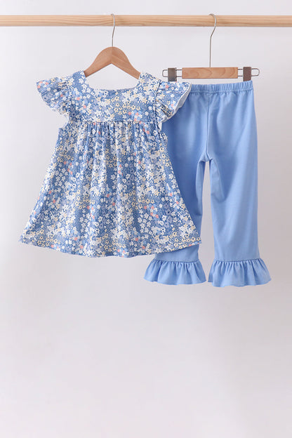 Blue Floral Print Ruffle Pants Set | Girls Spring Summer Boutique Two Piece Outfit