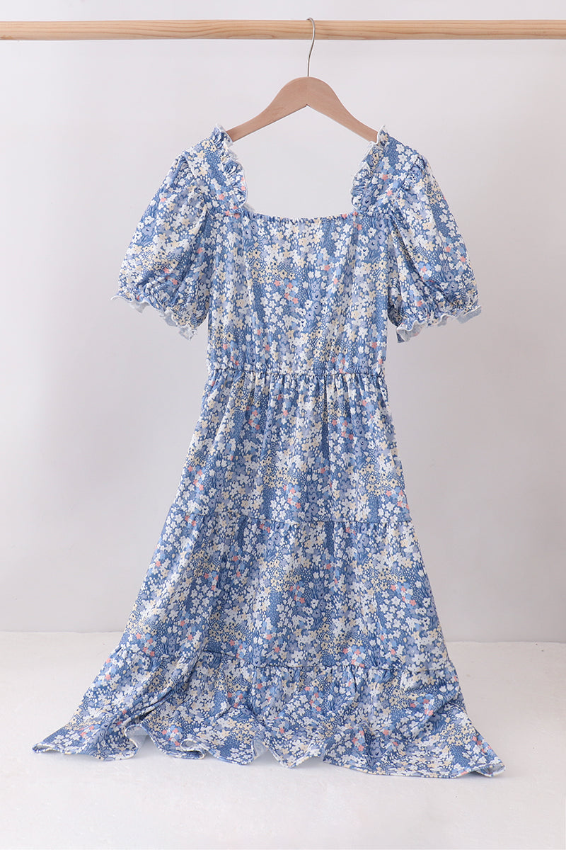Blue Floral Print Mom Dress | Women’s Spring Summer Boutique Floral Outfit