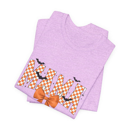 Mami Halloween Tee — Orange Checker 'MAMI' with Bow & Bats