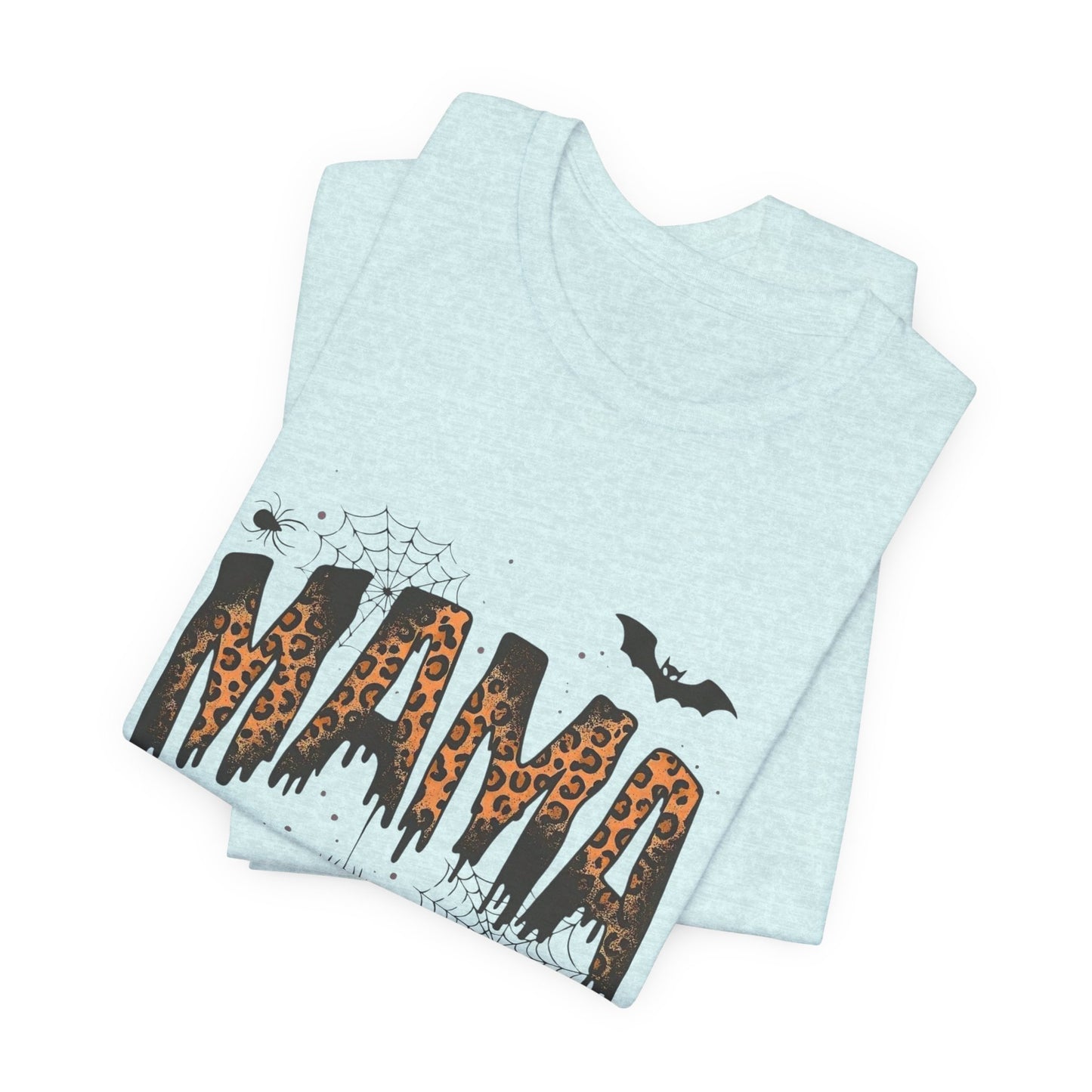 Mama Halloween Tee — Leopard Drip "MAMA" with Bats & Spiders Halloween Shirt